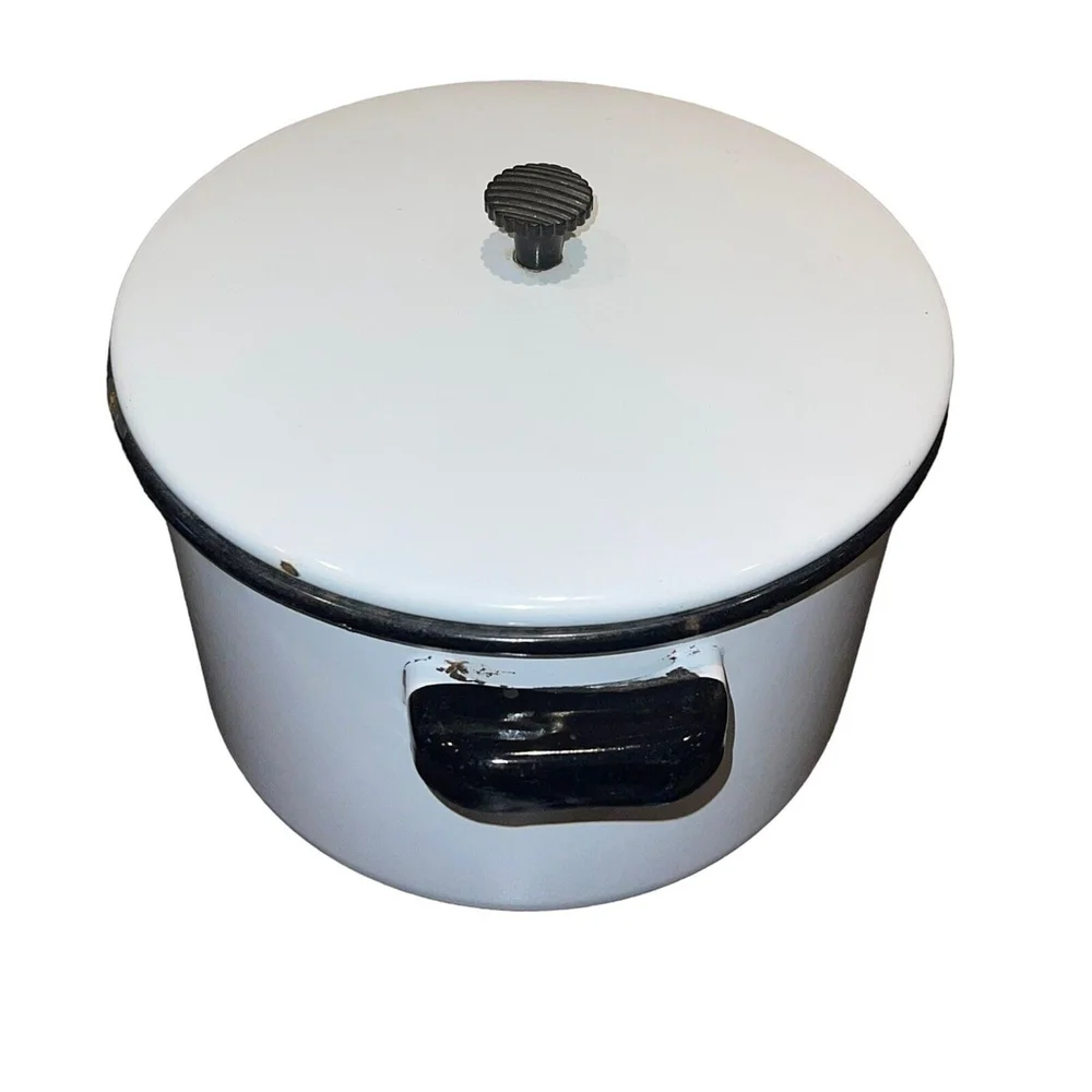 Vintage Rustic Medium Enamelware Black and White Crock Pot w Lid Decoration Only
